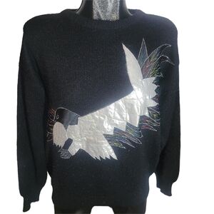 Exode Vintage 80's Black Sweater with Embroidered Bird Design L